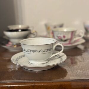 Elegant White and Gray Teacup and Saucer Set